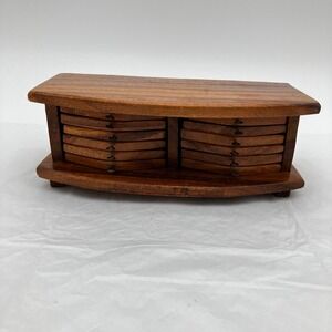Vintage Wood Coaster Set MCM 12pc Brown Cork Lined with Holder